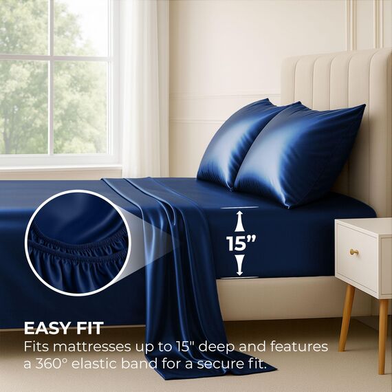 Satin Sheets Queen [4-teilig, Marineblau] Hotel Luxus Seidige Bettlaken – Extra weiche 1800 Mikrofaser Bettlaken-Set, schmutzabweisend – Spannbettlaken mit tiefen Taschen, Bettlaken und Kissenbezügen