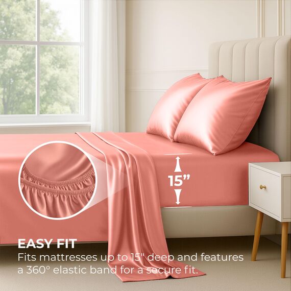 Satin Sheets King [4-teilig, Blush Pink] Hotel-Luxus-Bettwäsche-Set, seidig, extra weiches 1800 Mikrofaser, knitterfrei, farbecht, schmutzabweisend, tiefes Spannbetttuch, Bettlaken, Kissenbezüge