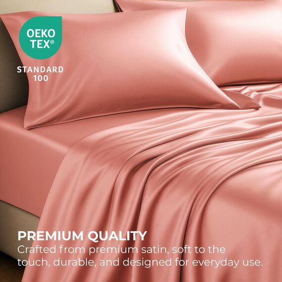Satin Sheets King [4-teilig, Blush Pink] Hotel-Luxus-Bettwäsche-Set, seidig, extra weiches 1800 Mikrofaser, knitterfrei, farbecht, schmutzabweisend, tiefes Spannbetttuch, Bettlaken, Kissenbezüge