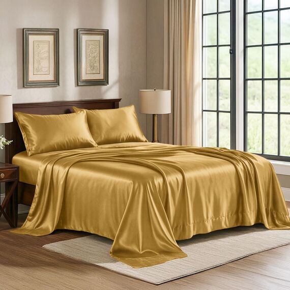 Satin-Set, Queen [4-teilig, Gold] Hotel-Luxus-Bettwäsche-Set, seidig, extra weich, 1800 Mikrofaser, knitterfrei, farbecht, schmutzabweisend, tiefes Spannbetttuch, Bettlaken, Kissenbezüge