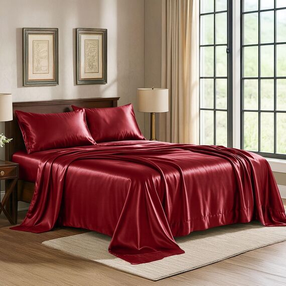 Satin Sheets California King [4-teilig, Burgunderrot] Luxuriöses seidiges Bettlaken-Set, extra weiches 1800 Mikrofaser, knitterfrei, farbecht, schmutzabweisend, tiefes Spannbetttuch, Bettlaken