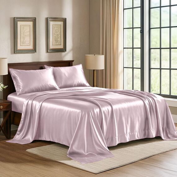 Satin Sheets King [4-teilig, Champagnerrosa] Luxuriöses seidiges Hotel-Bettwäsche-Set, extra weiches 1800 Mikrofaser, knitterfrei, farbecht, schmutzabweisend, tiefes Spannbetttuch, Bettlaken