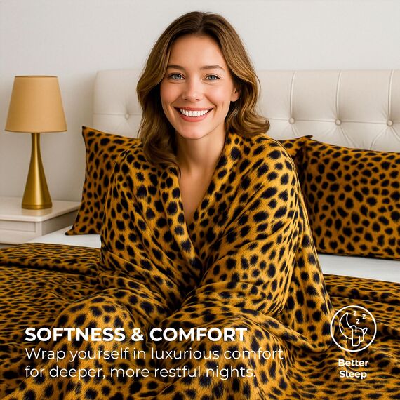 Satin-Bettlaken für Doppelbetten [3-teilig, goldener Leopardenmuster], luxuriös, seidige Hotel-Bettwäsche, extra weiches 1800 Mikrofaser, knitterfrei, farbecht, schmutzabweisend – tiefes Spannbetttuch