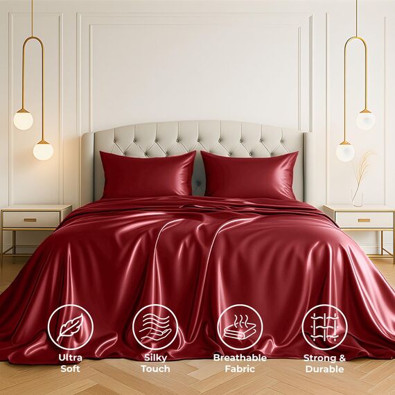 Satin Sheets California King [4-teilig, Burgunderrot] Luxuriöses seidiges Bettlaken-Set, extra weiches 1800 Mikrofaser, knitterfrei, farbecht, schmutzabweisend, tiefes Spannbetttuch, Bettlaken