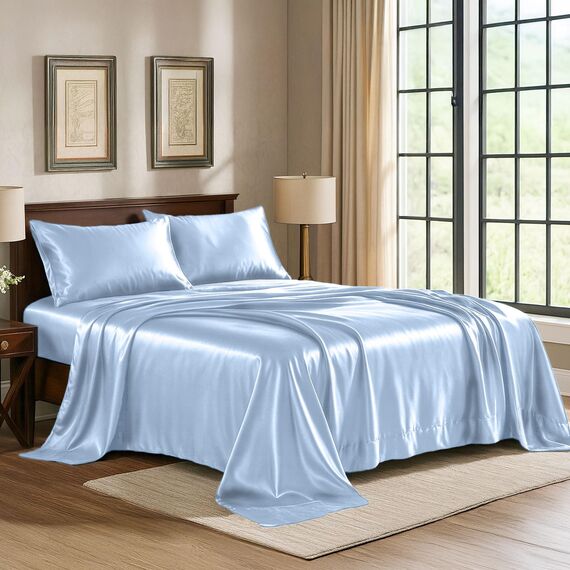 Pure Bedding Satin Sheets California King [4-teilig, Babyblau] Hotel-Luxus-Bettwäsche-Set, seidig, extra weiche Mikrofaser, knitterfrei, tiefes Spannbetttuch, Bettlaken und Kissenbezüge