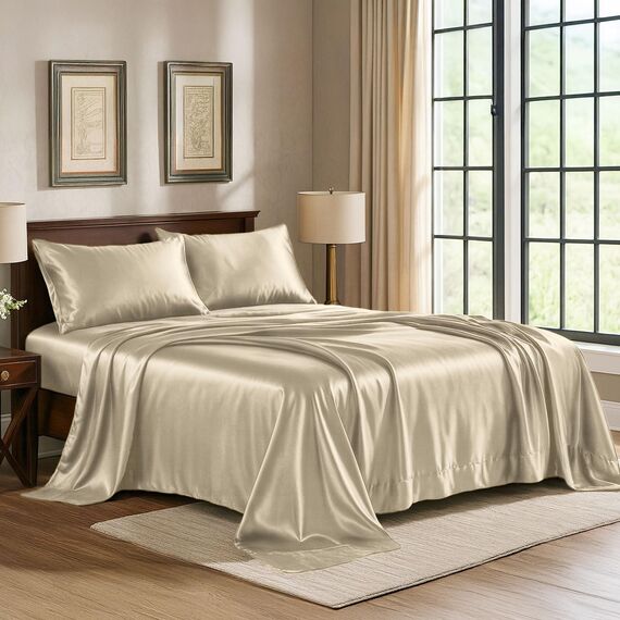 Satin Sheets King [4-teilig, Champagner-Gold] Luxuriöses seidiges Hotel-Bettwäsche-Set, extra weiches 1800 Mikrofaser, knitterfrei, farbecht, schmutzabweisend, tiefes Spannbetttuch, Bettlaken