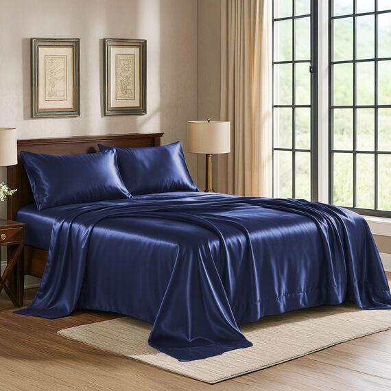 Satin Sheets California King [4-teilig, Mitternachtsblau] Hotel-Luxus-Bettwäsche-Set, weiche Mikrofaser, knitterfrei, farbecht, schmutzabweisend, tiefes Spannbetttuch, Bettlaken, Kissenbezüge