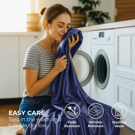 Satin Sheets California King [4-teilig, Mitternachtsblau] Hotel-Luxus-Bettwäsche-Set, weiche Mikrofaser, knitterfrei, farbecht, schmutzabweisend, tiefes Spannbetttuch, Bettlaken, Kissenbezüge