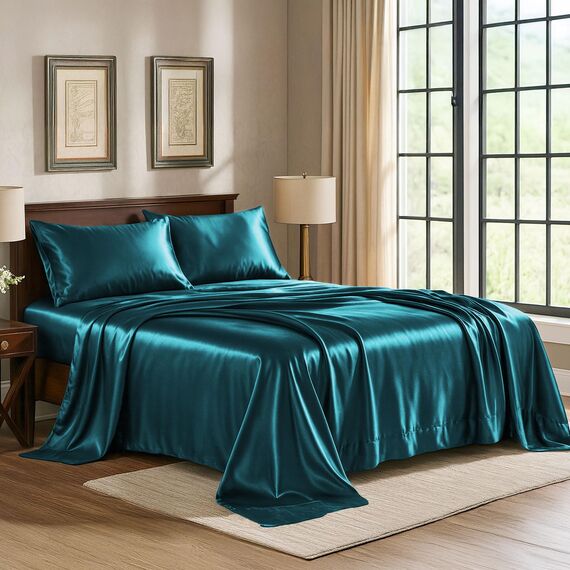 Satin Sheets King [4-teilig, blaugrün] Hotel-Luxus-Bettwäsche-Set, seidig, extra weiches 1800 Mikrofaser, knitterfrei, farbecht, schmutzabweisend, tiefes Spannbetttuch, Bettlaken, Kissenbezüge