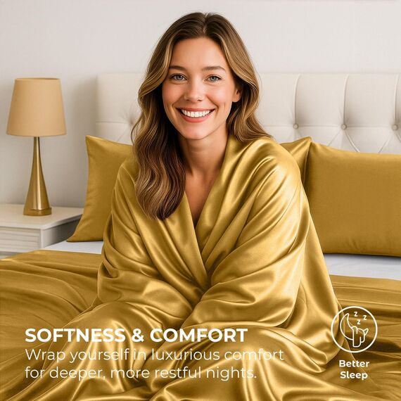 Satin-Set, Queen [4-teilig, Gold] Hotel-Luxus-Bettwäsche-Set, seidig, extra weich, 1800 Mikrofaser, knitterfrei, farbecht, schmutzabweisend, tiefes Spannbetttuch, Bettlaken, Kissenbezüge