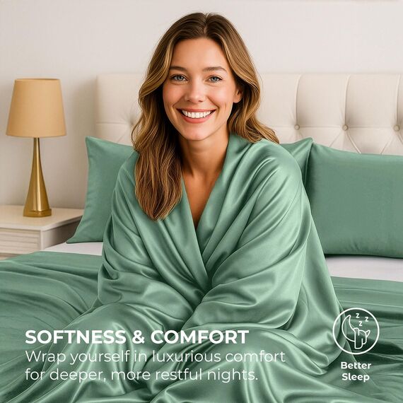 Satin Sheets California King [4-teilig, Champagnergrün] Hotel-Luxus-Bettwäsche-Set, seidige Mikrofaser, knitterfrei, tiefes Spannbetttuch, Bettlaken, Kissenbezüge