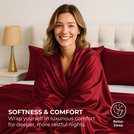 Satin Sheets California King [4-teilig, Burgunderrot] Luxuriöses seidiges Bettlaken-Set, extra weiches 1800 Mikrofaser, knitterfrei, farbecht, schmutzabweisend, tiefes Spannbetttuch, Bettlaken