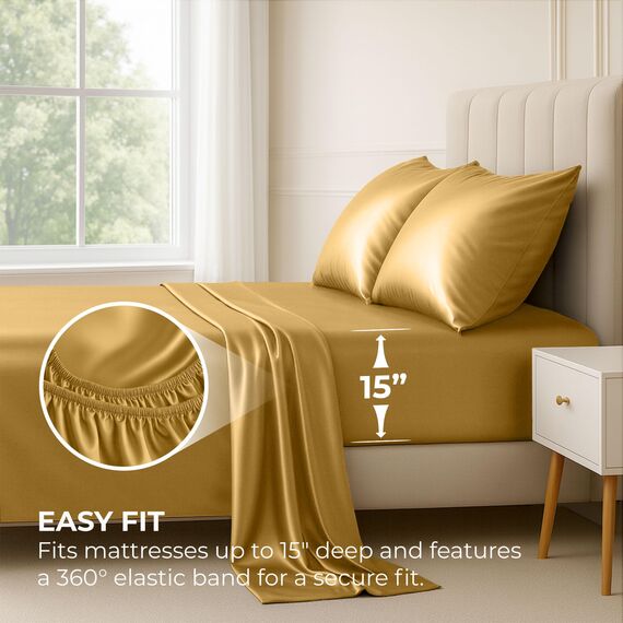 Satin-Set, Queen [4-teilig, Gold] Hotel-Luxus-Bettwäsche-Set, seidig, extra weich, 1800 Mikrofaser, knitterfrei, farbecht, schmutzabweisend, tiefes Spannbetttuch, Bettlaken, Kissenbezüge