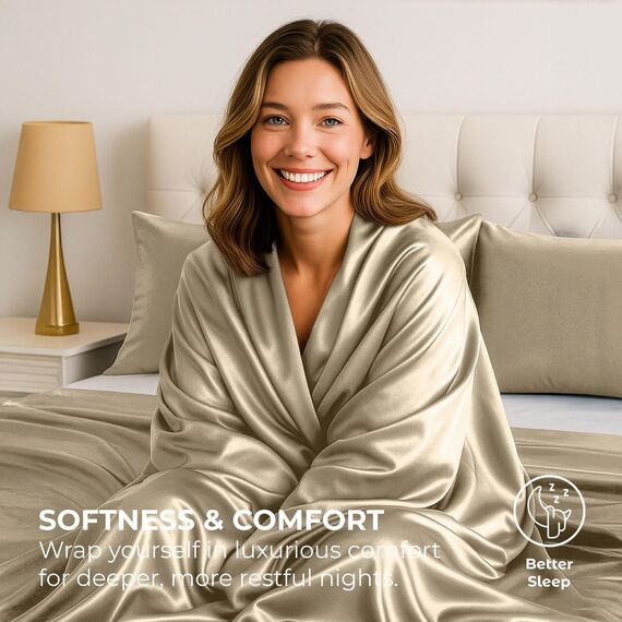 Satin Sheets King [4-teilig, Champagner-Gold] Luxuriöses seidiges Hotel-Bettwäsche-Set, extra weiches 1800 Mikrofaser, knitterfrei, farbecht, schmutzabweisend, tiefes Spannbetttuch, Bettlaken