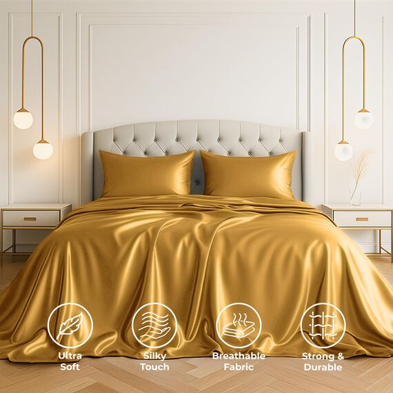 Satin-Set, Queen [4-teilig, Gold] Hotel-Luxus-Bettwäsche-Set, seidig, extra weich, 1800 Mikrofaser, knitterfrei, farbecht, schmutzabweisend, tiefes Spannbetttuch, Bettlaken, Kissenbezüge