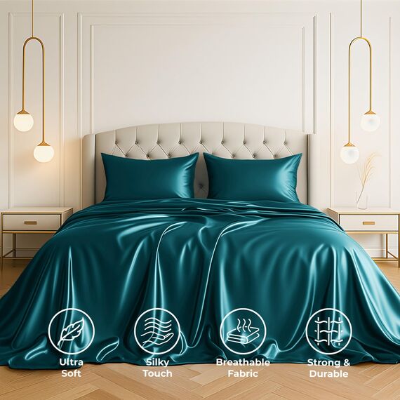 Satin Sheets King [4-teilig, blaugrün] Hotel-Luxus-Bettwäsche-Set, seidig, extra weiches 1800 Mikrofaser, knitterfrei, farbecht, schmutzabweisend, tiefes Spannbetttuch, Bettlaken, Kissenbezüge