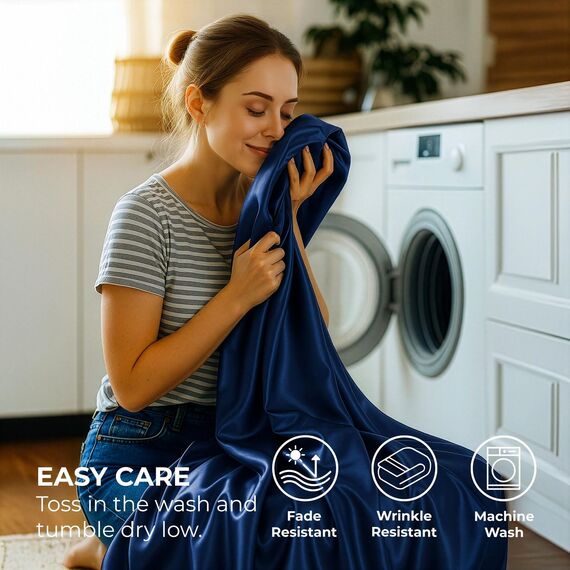 Pure Bedding Satin-Bettlaken für Kingsize-Bett, 4-teilig, Marineblau, schmutzabweisend – Spannbettlaken mit tiefen Taschen, Bettlaken und Kissenbezügen