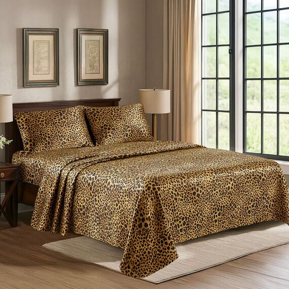 Satin Sheets California King [4-teilig, Goldener Leopardenmuster] luxuriöses seidiges Bettlaken-Set, extra weiches 1800 Mikrofaser, knitterfrei, farbecht, schmutzabweisend – tiefes Spannbetttuch