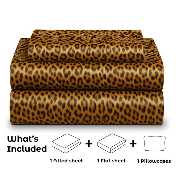 Satin-Bettlaken für Doppelbetten [3-teilig, goldener Leopardenmuster], luxuriös, seidige Hotel-Bettwäsche, extra weiches 1800 Mikrofaser, knitterfrei, farbecht, schmutzabweisend – tiefes Spannbetttuch