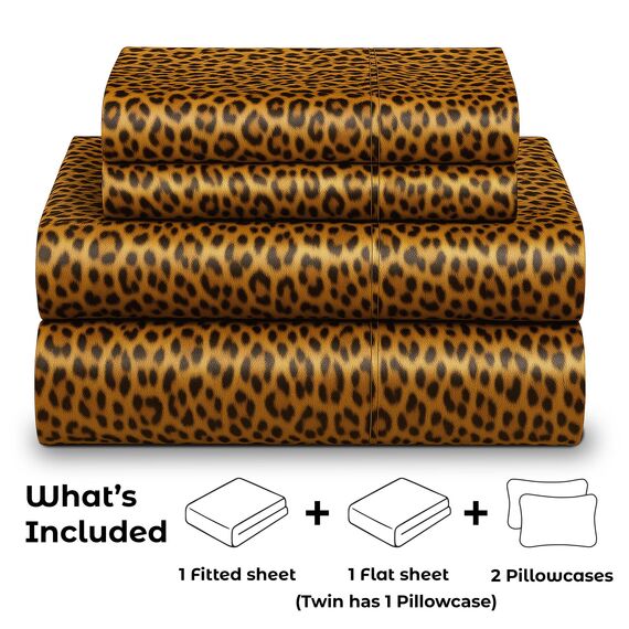 Satin Sheets California King [4-teilig, Goldener Leopardenmuster] luxuriöses seidiges Bettlaken-Set, extra weiches 1800 Mikrofaser, knitterfrei, farbecht, schmutzabweisend – tiefes Spannbetttuch