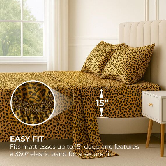 Satin-Bettlaken für Doppelbetten [3-teilig, goldener Leopardenmuster], luxuriös, seidige Hotel-Bettwäsche, extra weiches 1800 Mikrofaser, knitterfrei, farbecht, schmutzabweisend – tiefes Spannbetttuch