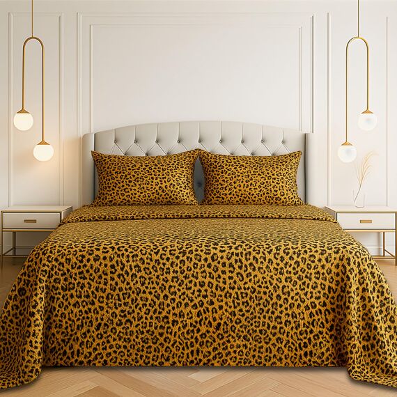 Satin-Bettlaken für Doppelbetten [3-teilig, goldener Leopardenmuster], luxuriös, seidige Hotel-Bettwäsche, extra weiches 1800 Mikrofaser, knitterfrei, farbecht, schmutzabweisend – tiefes Spannbetttuch