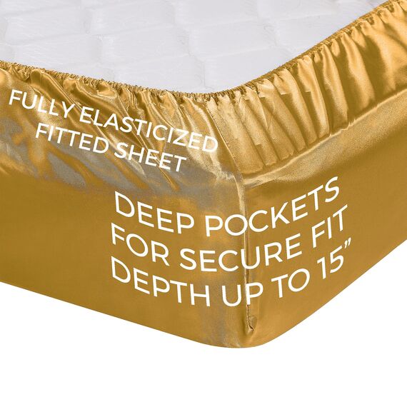 Satin-Bettlaken, King [4-teilig, Gold] Hotel-Luxus-Bettwäsche-Set, seidig, extra weich, 1800 Mikrofaser, knitterfrei, farbecht, schmutzabweisend, tiefes Spannbetttuch, Bettlaken, Kissenbezüge