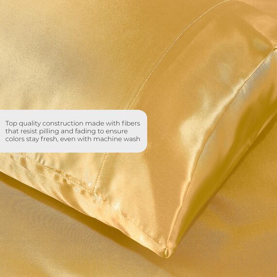 Satin-Bettlaken, King [4-teilig, Gold] Hotel-Luxus-Bettwäsche-Set, seidig, extra weich, 1800 Mikrofaser, knitterfrei, farbecht, schmutzabweisend, tiefes Spannbetttuch, Bettlaken, Kissenbezüge