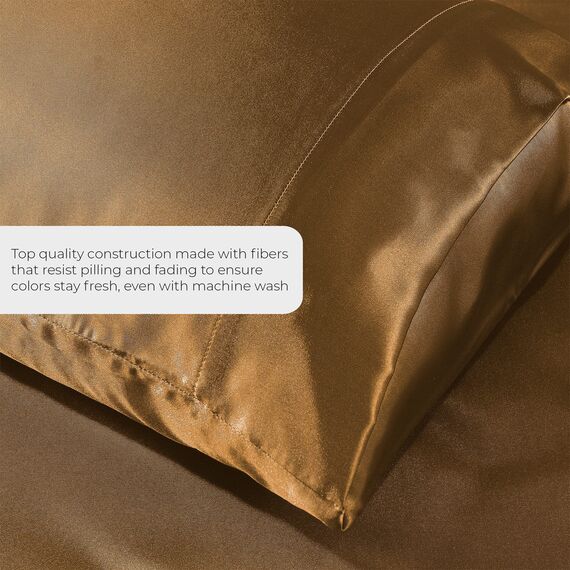 Satin-Spannbettlaken, Doppelbett, 3-teilig, kaffeebraun, luxuriös, seidiges Hotel-Bettlaken – extra weiches 1800 Mikrofaser, knitterfrei, schmutzabweisend – Spannbetttuch, Bettlaken und Kissenbezüge
