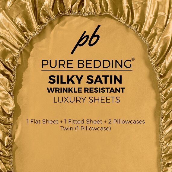Satin-Bettlaken, King [4-teilig, Gold] Hotel-Luxus-Bettwäsche-Set, seidig, extra weich, 1800 Mikrofaser, knitterfrei, farbecht, schmutzabweisend, tiefes Spannbetttuch, Bettlaken, Kissenbezüge