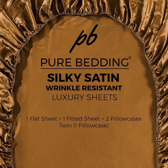 Satin-Spannbettlaken, Doppelbett, 3-teilig, kaffeebraun, luxuriös, seidiges Hotel-Bettlaken – extra weiches 1800 Mikrofaser, knitterfrei, schmutzabweisend – Spannbetttuch, Bettlaken und Kissenbezüge
