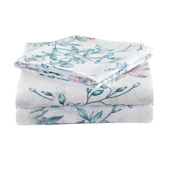 JSD Bettwäsche-Set mit Blumenmuster, Lange Doppelbett-Größe (California-King-Size), 4-teilig, Botanikmotiv, Mikrofaser, extra Tiefe Taschen, Weiß/Blau