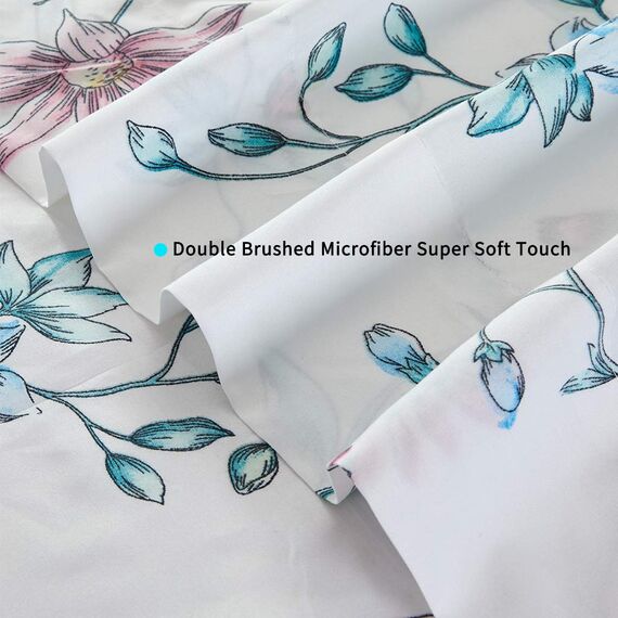 JSD Bettwäsche-Set mit Blumenmuster, Queen-Size-Größe, 4-teilig, botanische Mikrofaser, extra Tiefe Tasche, Weiß/Blau