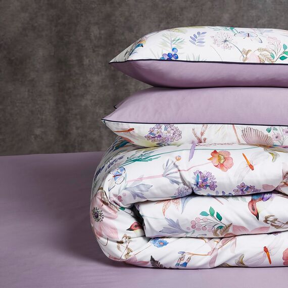 mixinni Queen-Size-Bettbezug, violette Blumen, Vogel, Bettwäsche-Set, Shabby-Chic-Stil, Boho, langstapelig, Baumwolle, Bettbezug-Set mit Reißverschlüssen, 1 Bettbezug + 2 Kissenbezüge, ultraweich,