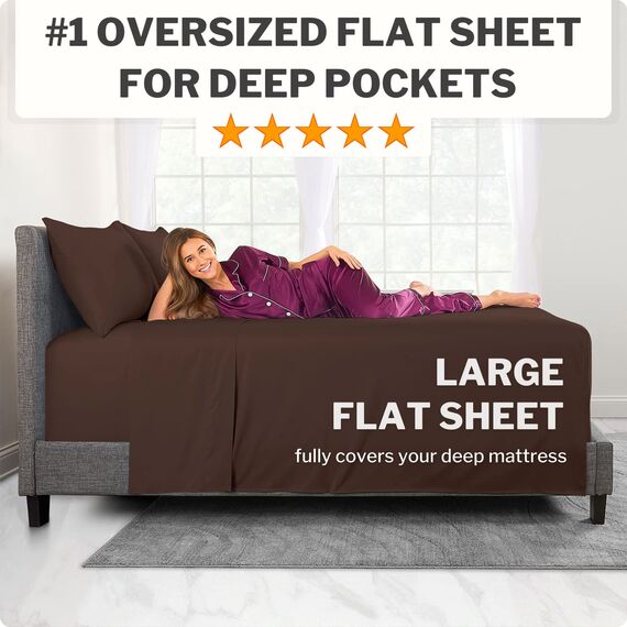 Deep Pocket Queen-Bettlaken-Sets – 53,3 cm extra tief – 4-teiliges Bettlaken-Set & Kissenbezüge mit übergroßem Bettlaken – 45,7 cm – 58,4 cm Kopfkissen für Queen-Size-Bett – Braun