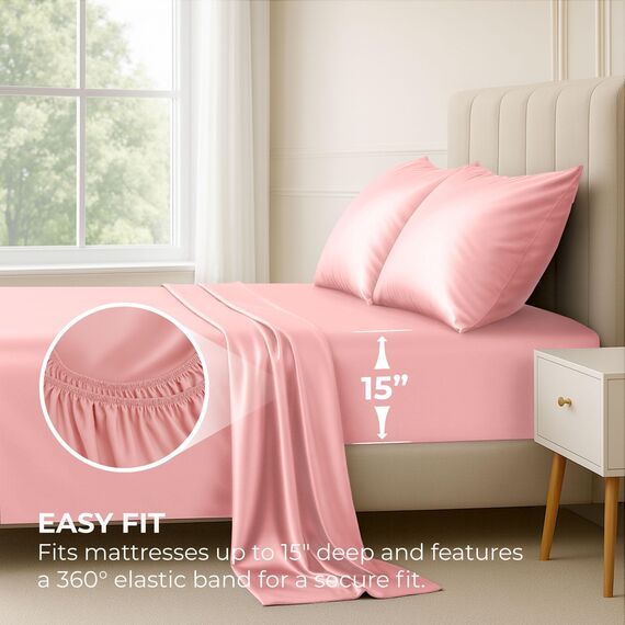Satin-Bettlaken, Queen-Size-Bett, luxuriös, seidig, extra weich, 1800 Mikrofaser, knitterfrei, farbecht, schmutzabweisend, tiefes Spannbetttuch, Bettlaken, Kissenbezüge, 4-teilig, Rosa