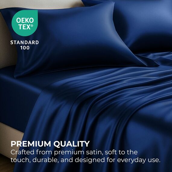 Satin Sheets California King [4-teilig, Marineblau] Luxuriöses seidiges Bettlaken-Set, extra weiches 1800 Mikrofaser, knitterfrei, farbecht, schmutzabweisend, tiefes Spannbetttuch, Bettlaken