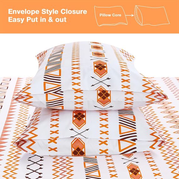 JSD Boho-bedrucktes Mikrofaser-Bettlaken-Set, Bettwäsche, Queen-Size-Größe, 4-teilig, orange, geometrisch, weiche Bettlaken und Kissenbezüge, extra Tiefe Tasche
