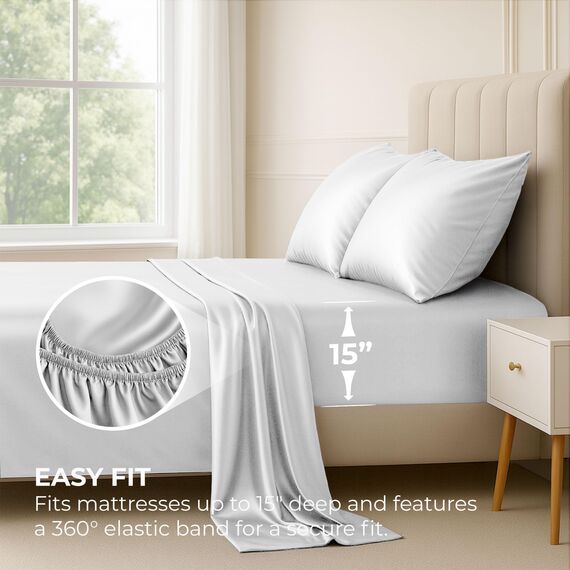 Satin Sheets Queen [4-teilig, Weiß] Luxuriöses seidiges Hotel-Bettwäsche-Set, extra weiches 1800 Mikrofaser, knitterfrei, farbecht, schmutzabweisend, tiefes Spannbetttuch, Bettlaken, Kissenbezüge