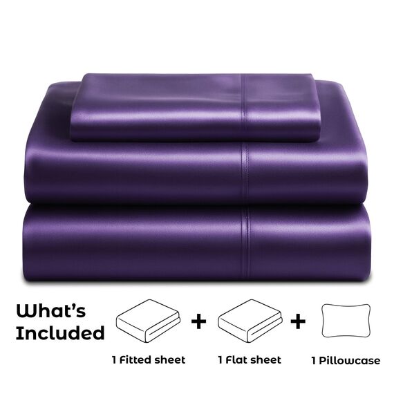 Pure Bedding Satin-Spannbettlaken, Doppelbett, 3-teilig, violett, luxuriös, schmutzabweisend – Spannbettlaken mit tiefen Taschen, Bettlaken und Kissenbezügen