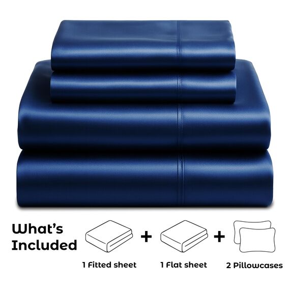Satin Sheets California King [4-teilig, Marineblau] Luxuriöses seidiges Bettlaken-Set, extra weiches 1800 Mikrofaser, knitterfrei, farbecht, schmutzabweisend, tiefes Spannbetttuch, Bettlaken