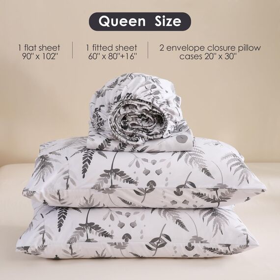 JSD Boho-Bettwäsche-Set, Queen-Size-Größe, 4-teilig, graue Kräuter, Farne, Bedruckt, Mikrofaser, Tiefe Taschen