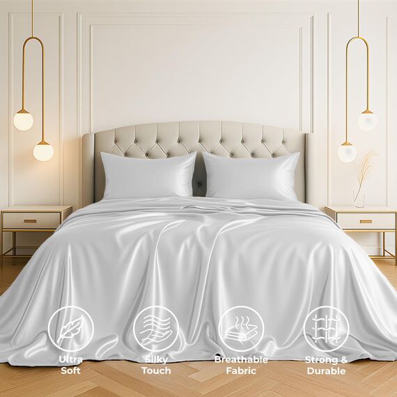 Satin-Bettlaken, 4-teilig, Weiß, luxuriöses seidiges Hotel-Bettwäsche-Set, extra weiches 1800 Mikrofaser, knitterfrei, farbecht, schmutzabweisend, tiefes Spannbetttuch, Bettlaken, Kissenbezüge