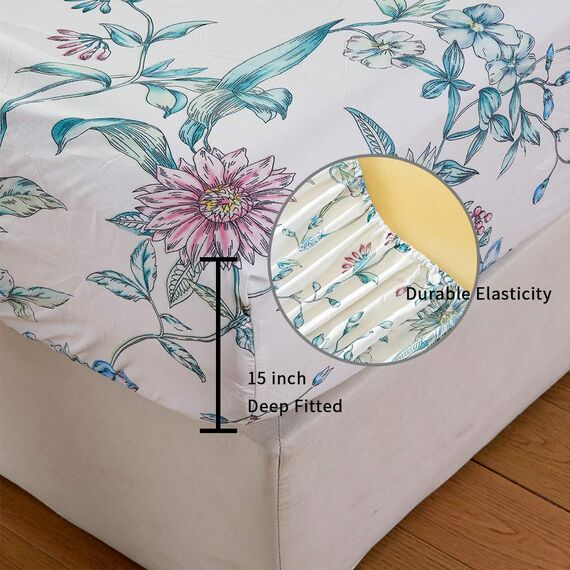 JSD Bettwäsche-Set mit Blumenmuster, Lange Doppelbett-Größe (California-King-Size), 4-teilig, Botanikmotiv, Mikrofaser, extra Tiefe Taschen, Weiß/Blau