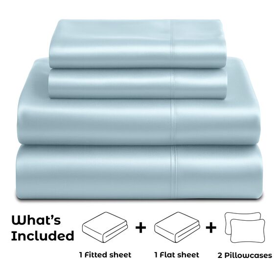 Satin Sheets King [4-teilig, SkyBlue] Luxuriöses seidiges Hotel-Bettwäsche-Set, extra weiches 1800 Mikrofaser, knitterfrei, farbecht, schmutzabweisend, tiefes Spannbetttuch, Bettlaken, Kissenbezüge