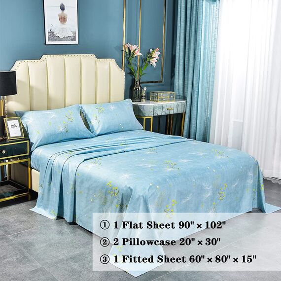JSD Blaues Bettwäsche-Set mit Blumendruck, Queensize-Bettlaken, 4-teilig, weiche botanische Mikrofaser, Tiefe Tasche