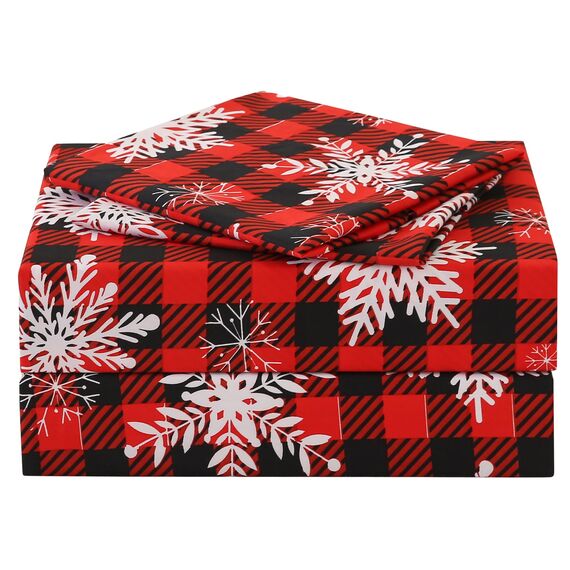 JSD Buffalo-Plaid-Schneeflocken-Bettwäsche-Set, Queen-Size, 4-teilig, Weihnachts- und Winter-Mikrofaserbettwäsche, extra tiefe Taschen, Rot