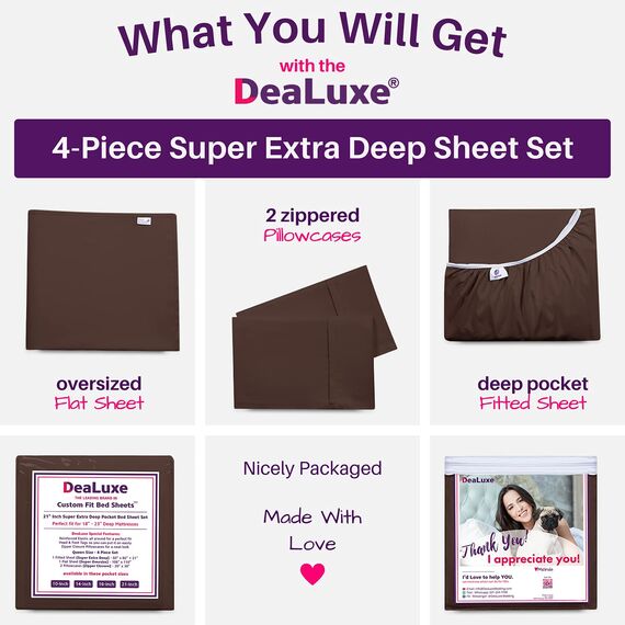 Deep Pocket Queen-Bettlaken-Sets – 53,3 cm extra tief – 4-teiliges Bettlaken-Set & Kissenbezüge mit übergroßem Bettlaken – 45,7 cm – 58,4 cm Kopfkissen für Queen-Size-Bett – Braun