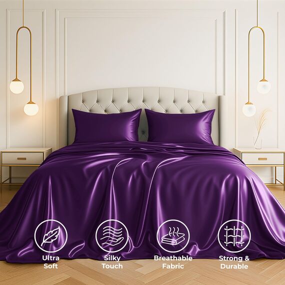 Pure Bedding Satin-Spannbettlaken, Doppelbett, 3-teilig, violett, luxuriös, schmutzabweisend – Spannbettlaken mit tiefen Taschen, Bettlaken und Kissenbezügen