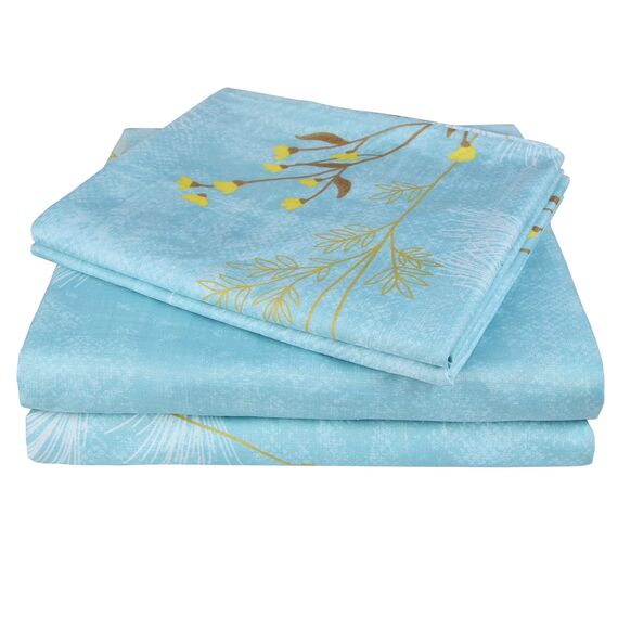 JSD Blaues Bettwäsche-Set mit Blumendruck, Queensize-Bettlaken, 4-teilig, weiche botanische Mikrofaser, Tiefe Tasche